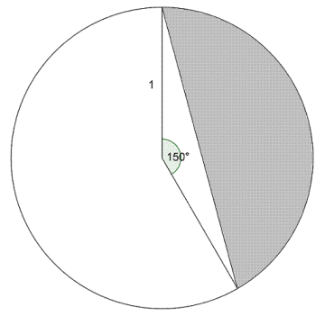 Figuren viser en sirkel med radius 1. Det er merket av en sirkelsektor på 150 grader. Radiene som avgrenser sektoren er også sider i en likebeint trekant. Den delen av sirkelsektoren som ikke er en del av trekanten er farget grått. Hva er arealet av det grå området?